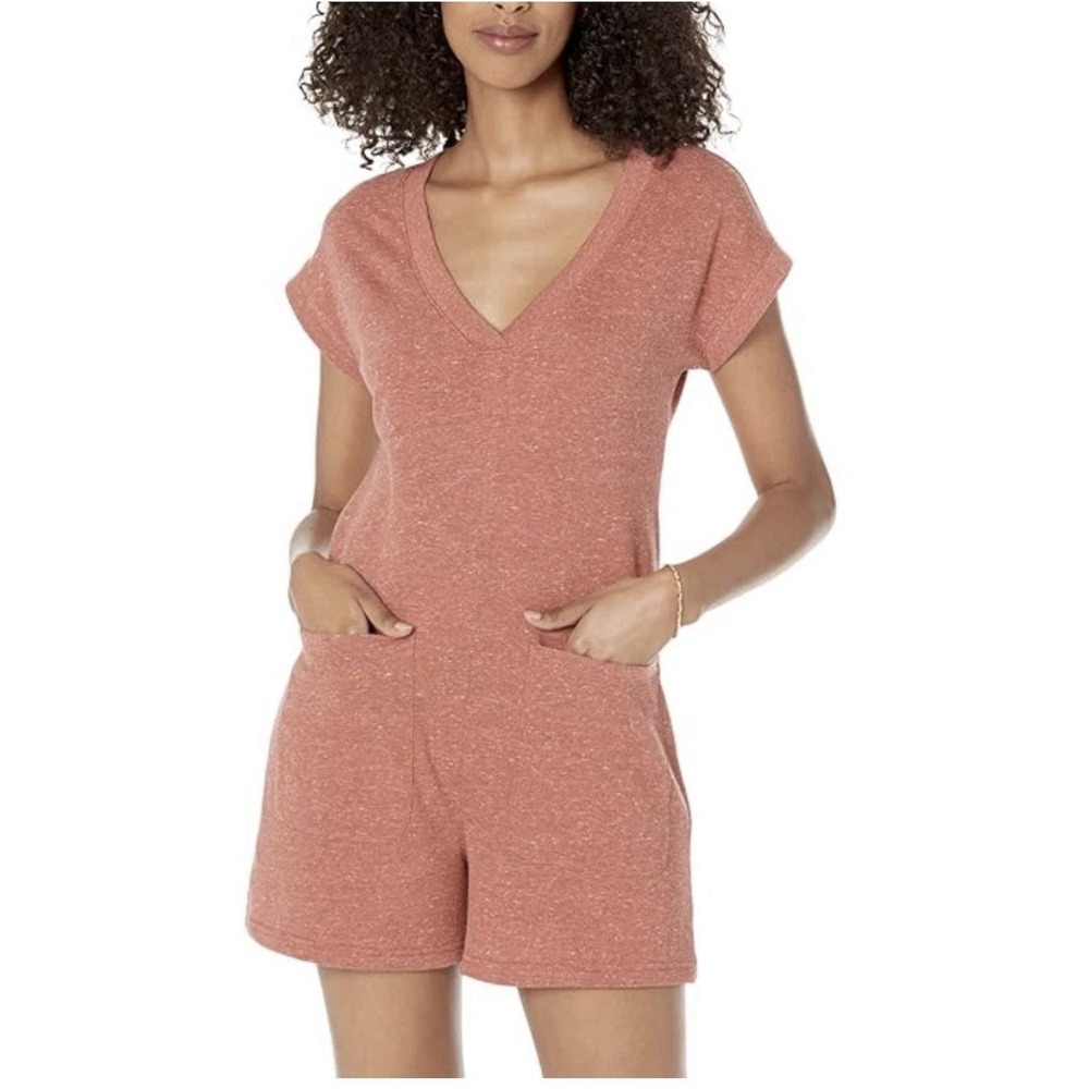 MADEWELL MWL HEATHER BRICK PATCH POCKETS SKYTERRY Sz S ROMPER V Neck Sporty